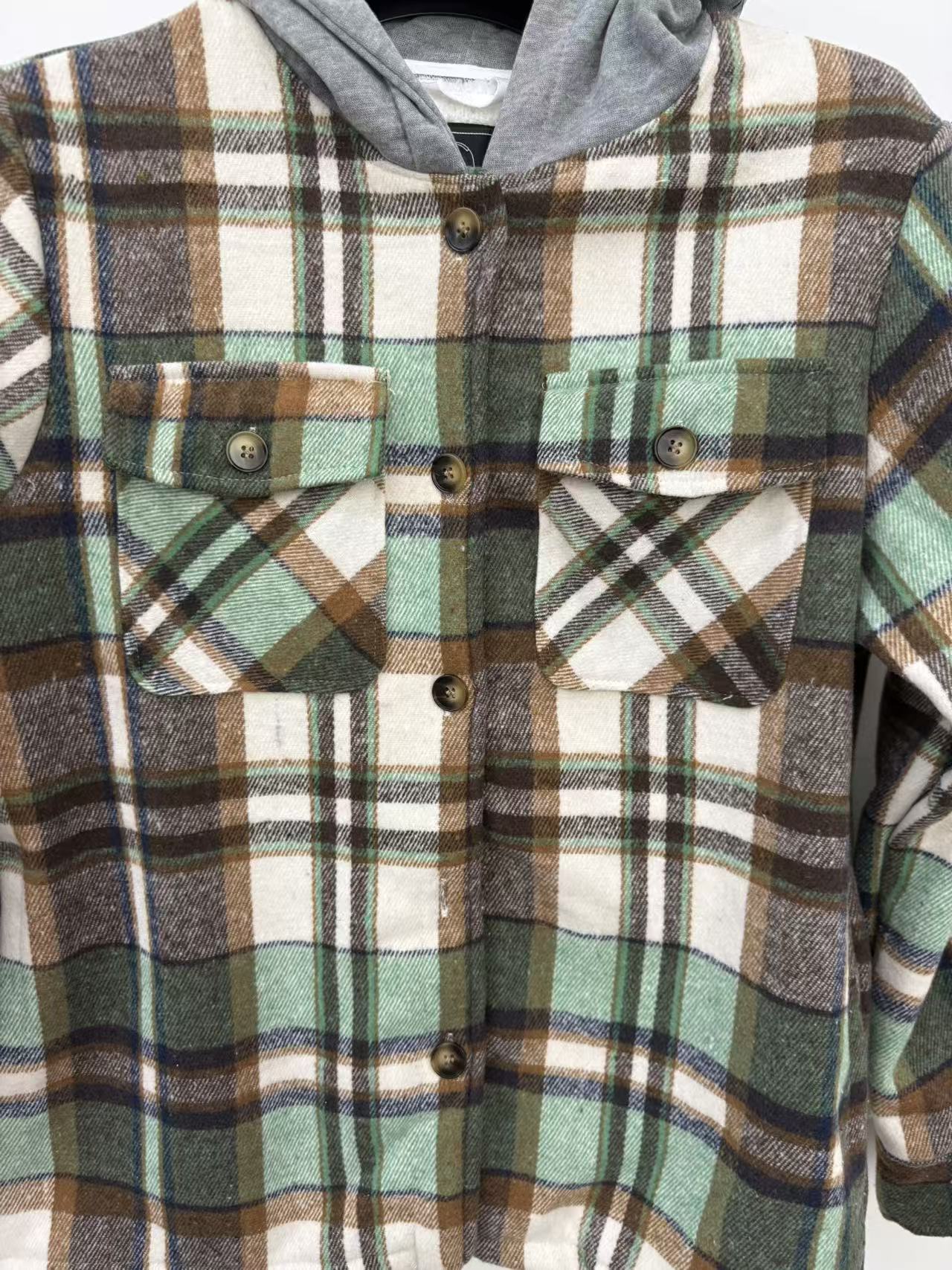 Ladies hooded plaid shacket chest pocket and button detail TF8911 close-up