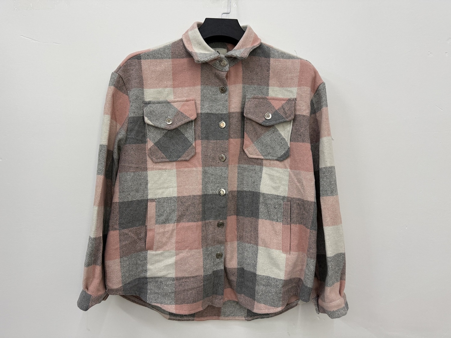Wholesale ladies pink grey plaid shacket TF8909 hanging front view