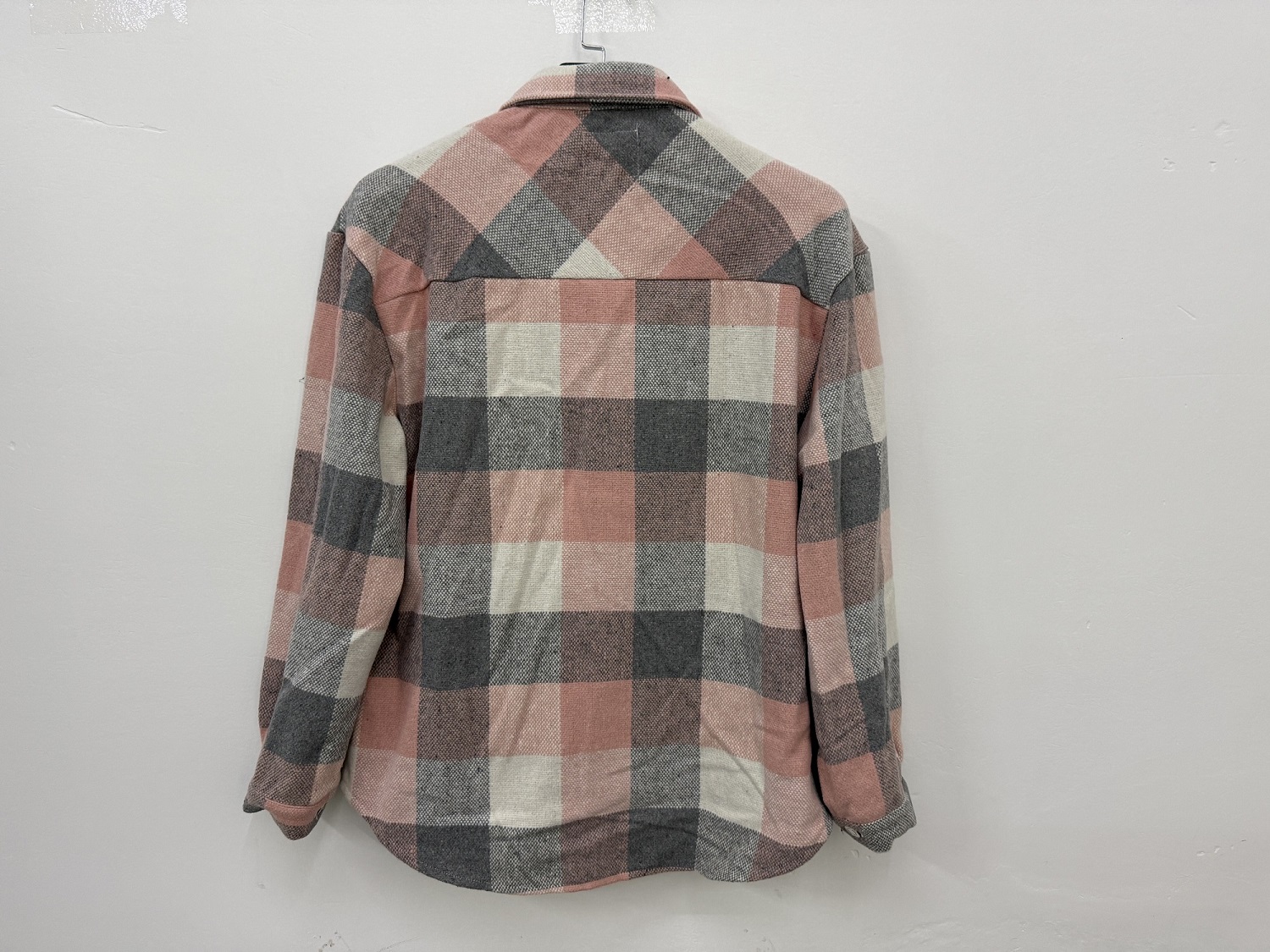 Ladies 100% polyester color block plaid shirt jacket TF8909 hanging back view