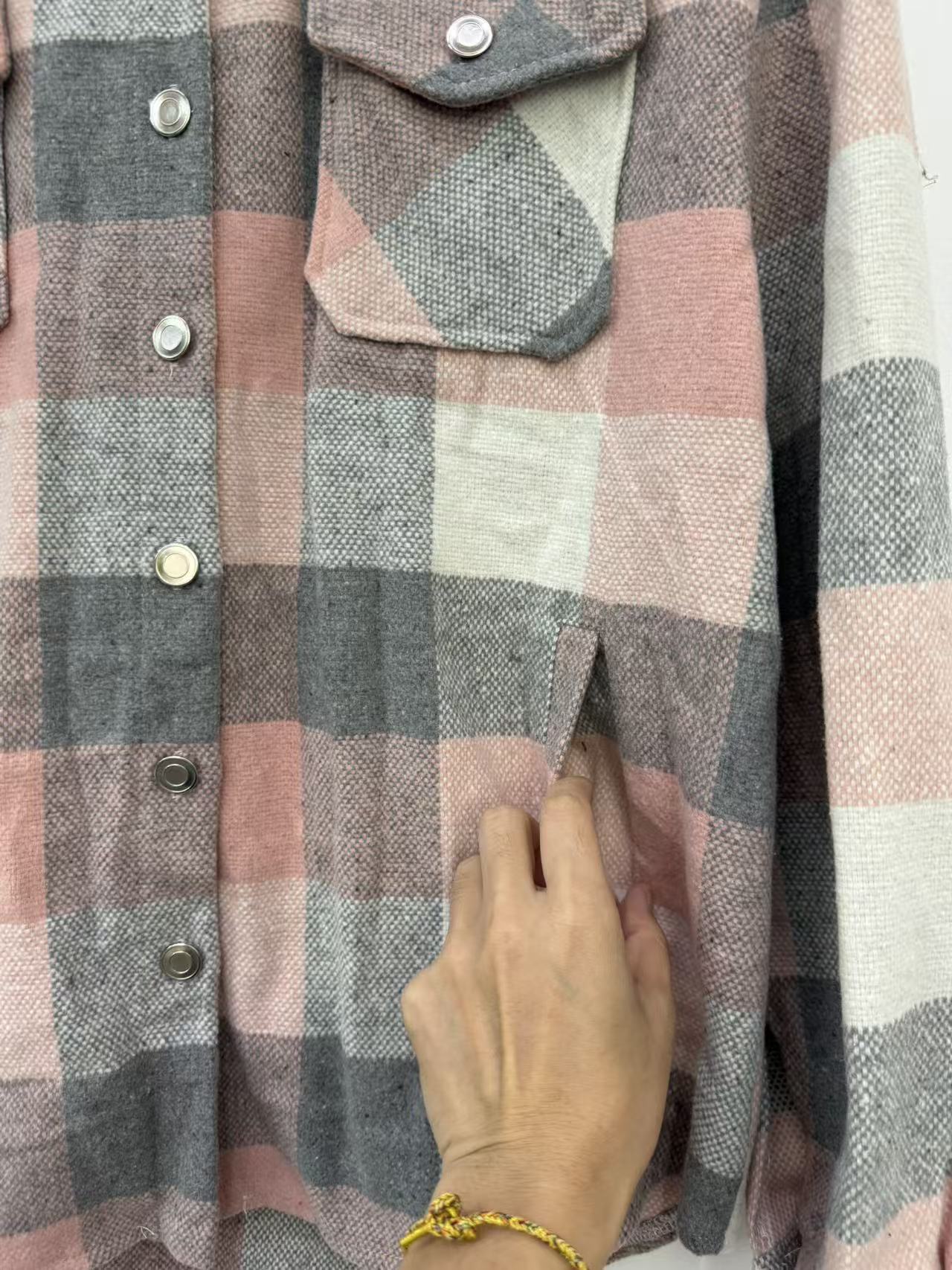 Ladies flannel style plaid jacket side pocket detail TF8909 shot