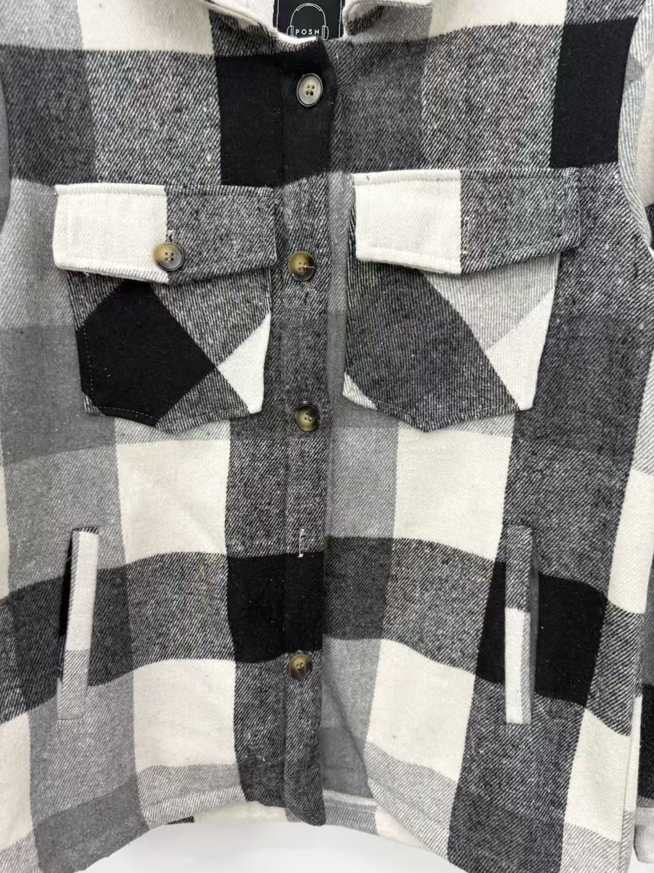 Ladies plaid shacket chest pocket and button detail TF8910 close-up