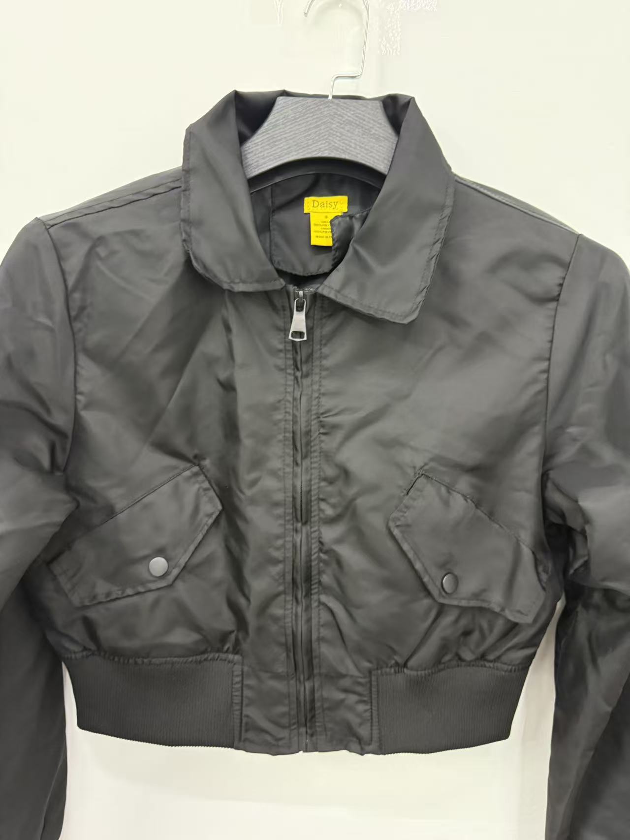 Wholesale ladies black cropped jacket TF8906 hanging front view