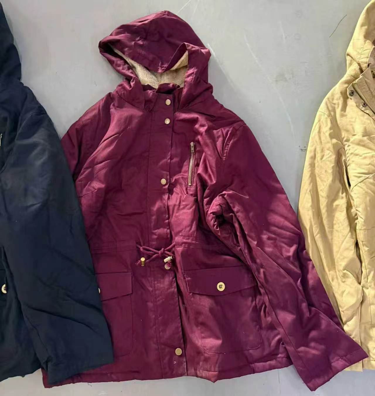 Ladies burgundy navy yellow cotton hooded jacket TF8892 flat lay