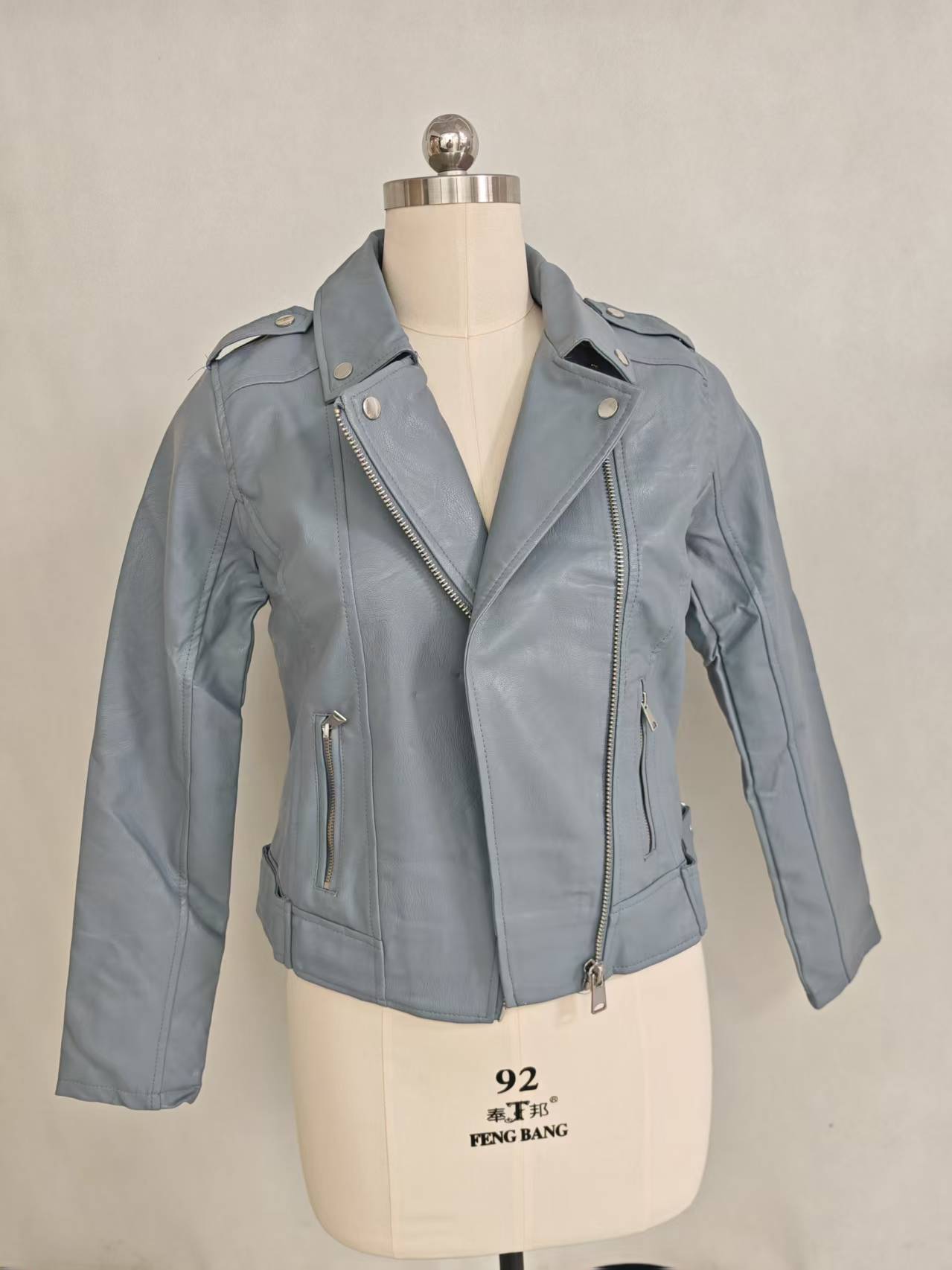 Wholesale ladies light blue moto jacket TF8887 on mannequin front view