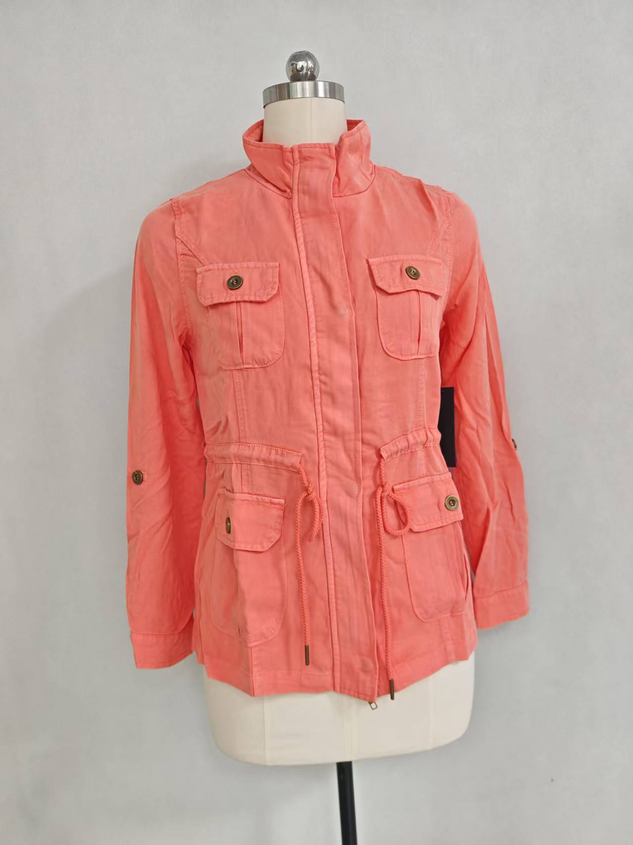 Wholesale ladies coral stand collar jacket TF8886 on mannequin front view