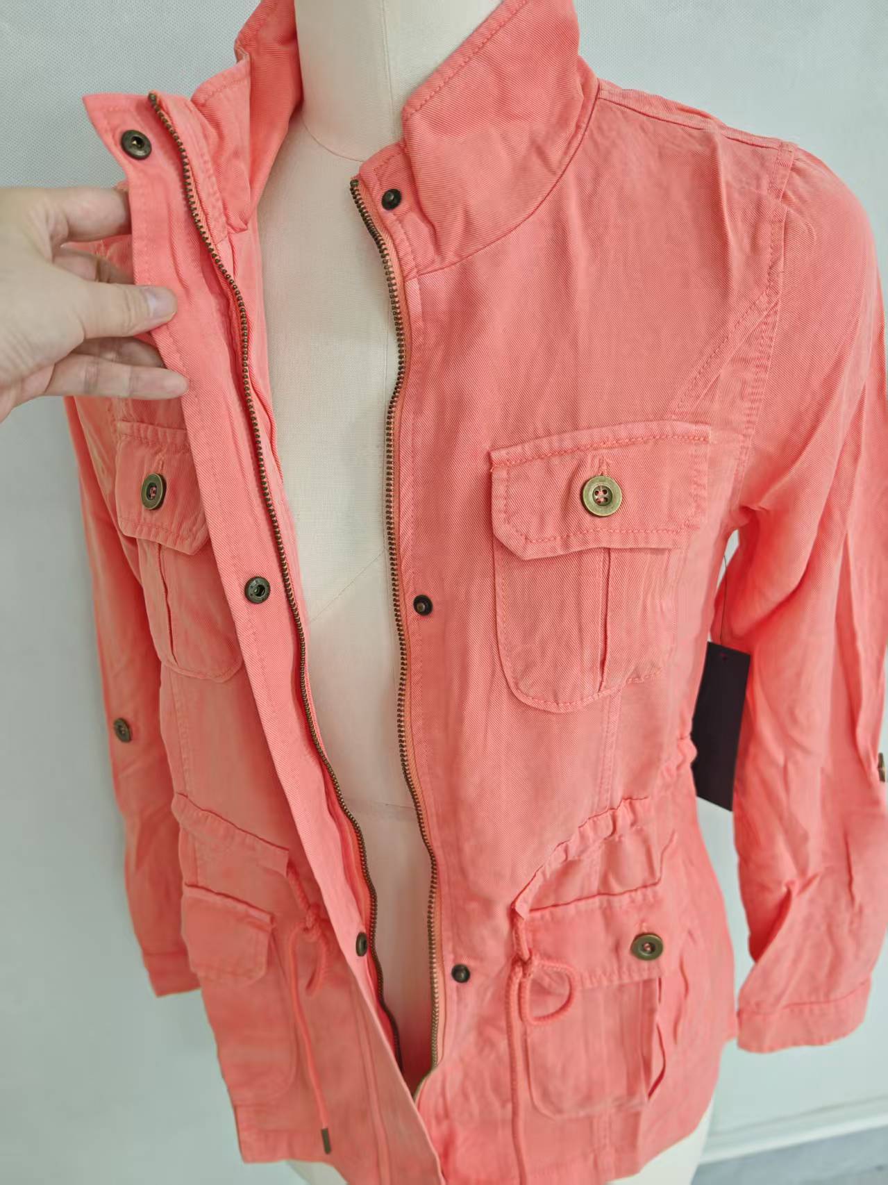 Ladies coral stand collar jacket back view on dress form TF8886