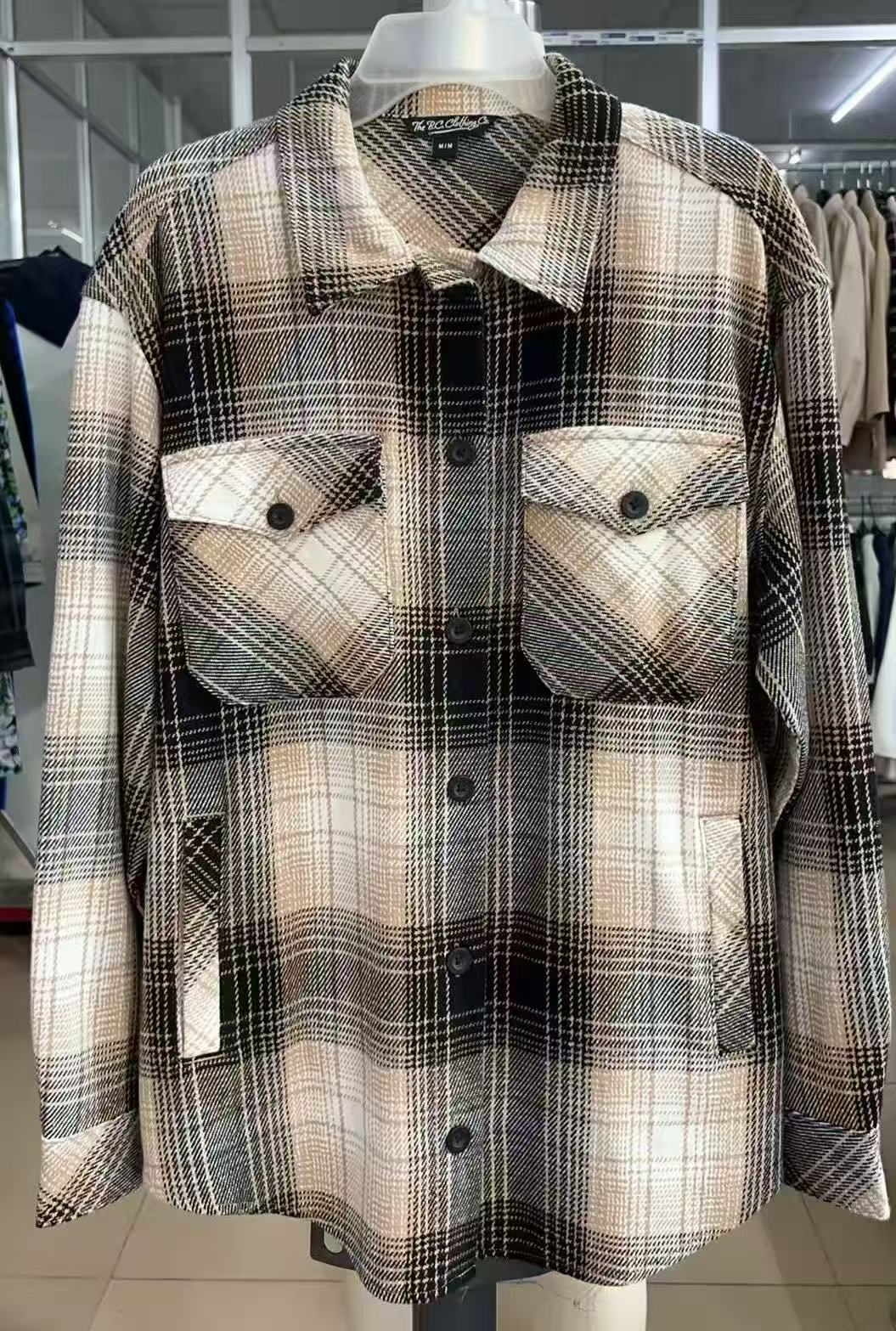 Wholesale ladies plaid shacket TF8877 hanging front view, 100% cotton