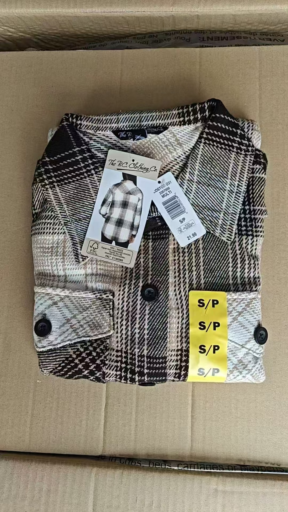 Ladies 100% cotton checkered shirt jacket with hang tags TF8877 flat lay