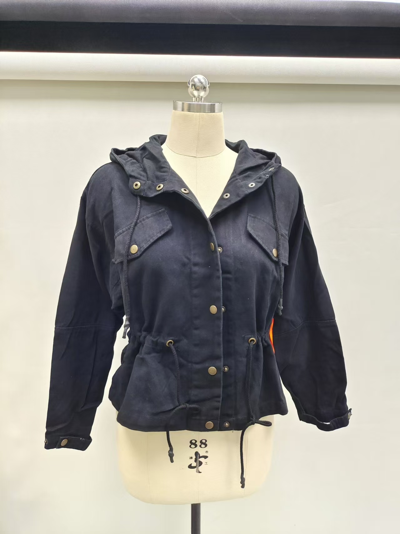 Wholesale ladies black hooded cotton jacket TF8873 on mannequin front view