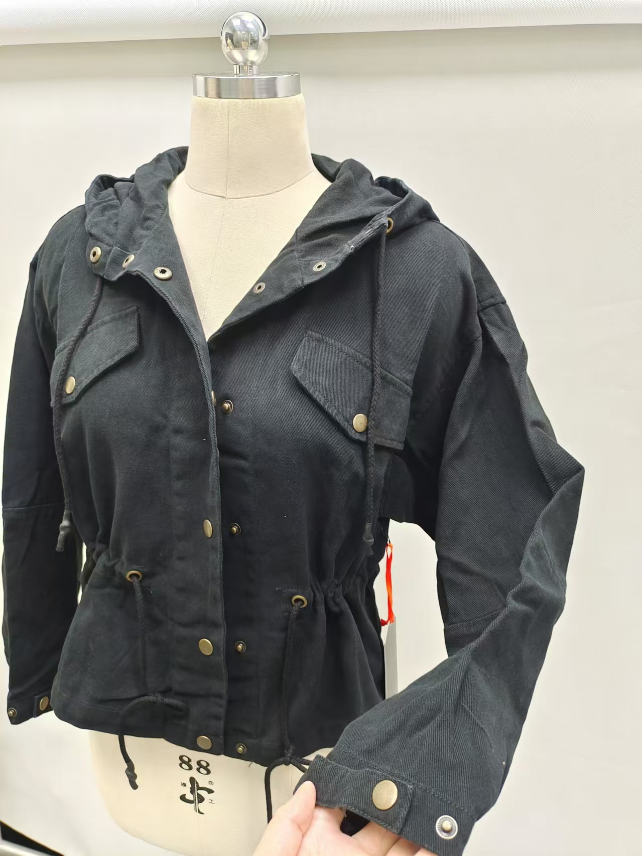 Ladies 100% cotton black hooded utility jacket TF8873 mannequin front shot