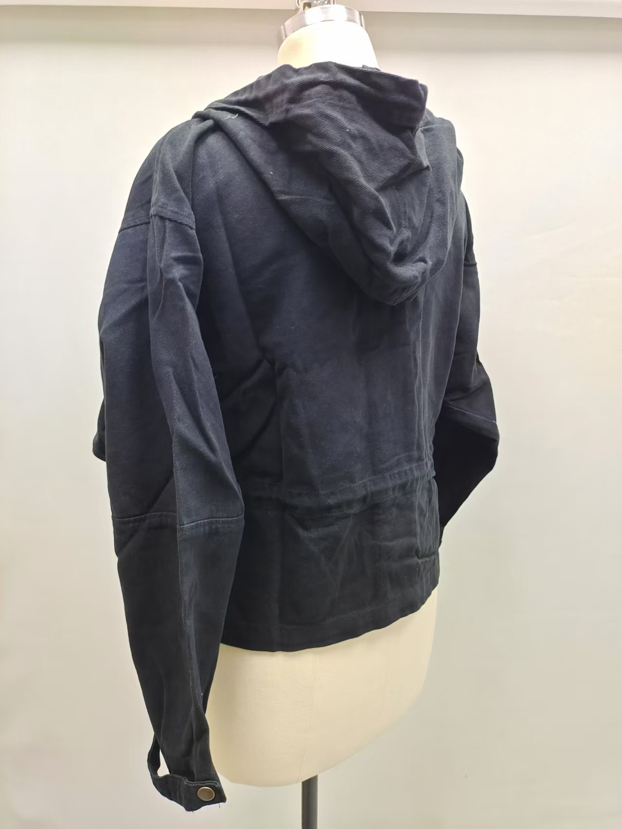 Ladies black cropped hooded cotton jacket TF8873 back view on dress form