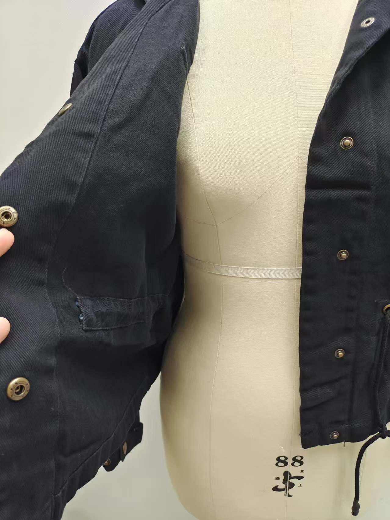 Ladies black utility jacket chest pocket and button detail TF8873 close-up