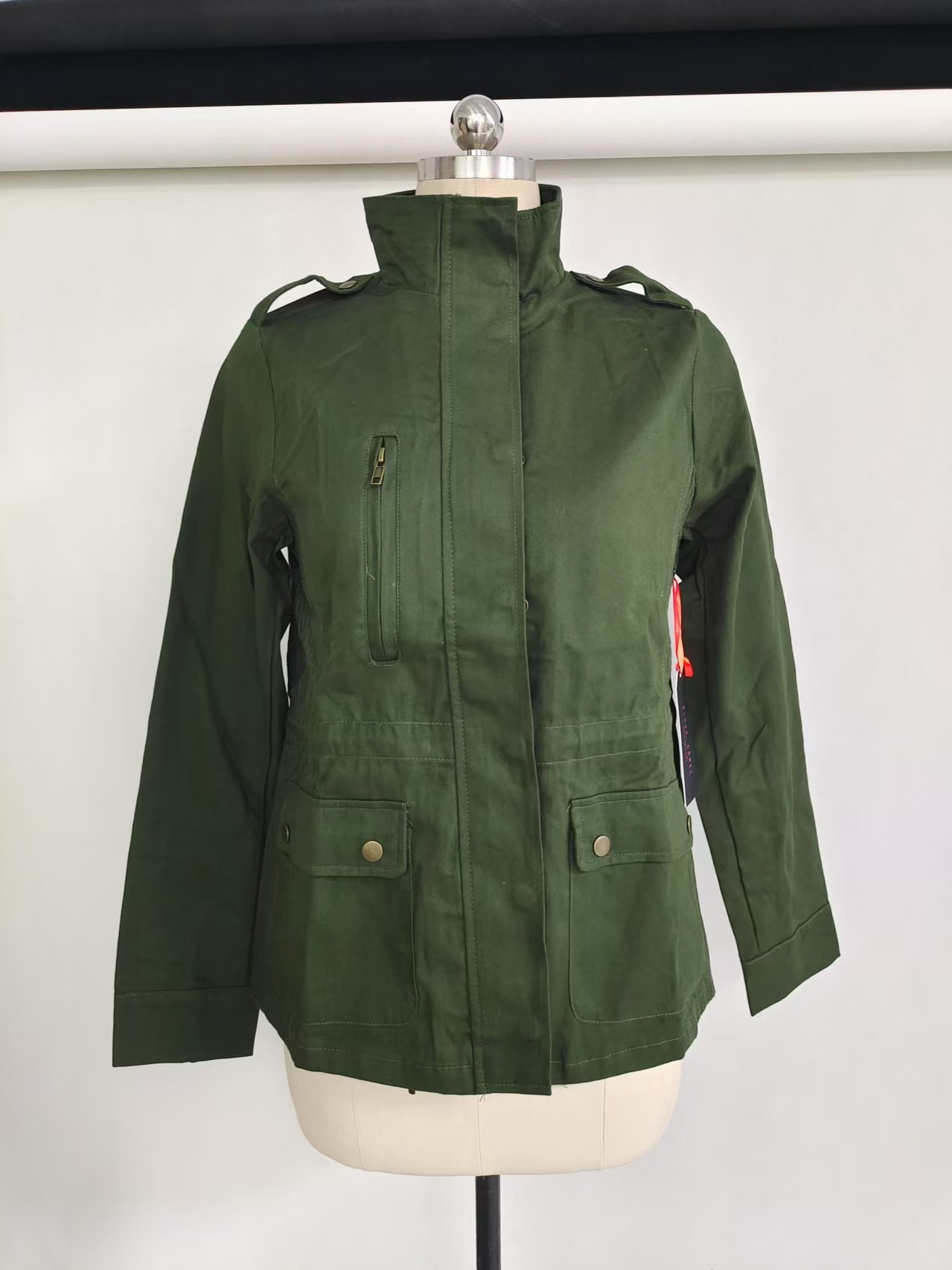Wholesale ladies army green cotton field jacket TF8871 mannequin front view