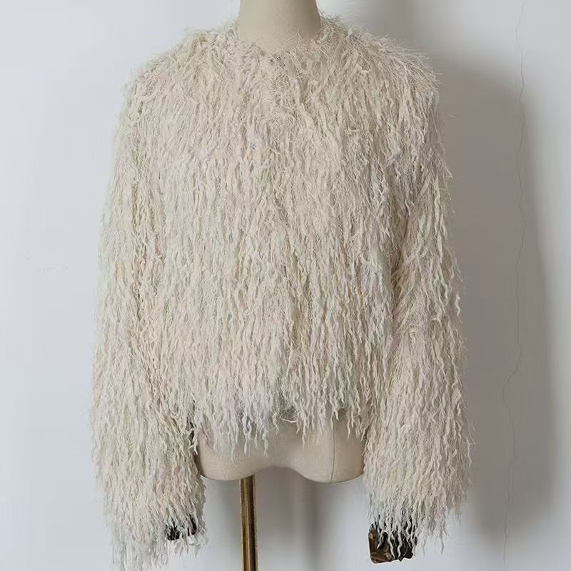 Wholesale ladies cream shaggy fuzzy jacket TF8803 full front view