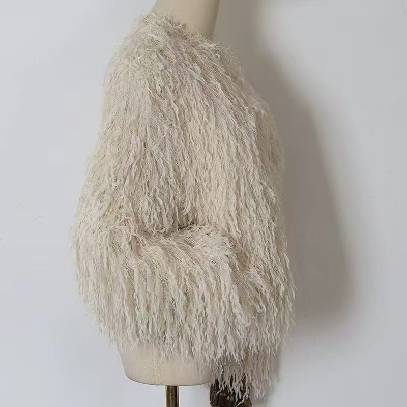 Ladies off-white shaggy outerwear TF8803 side view on mannequin