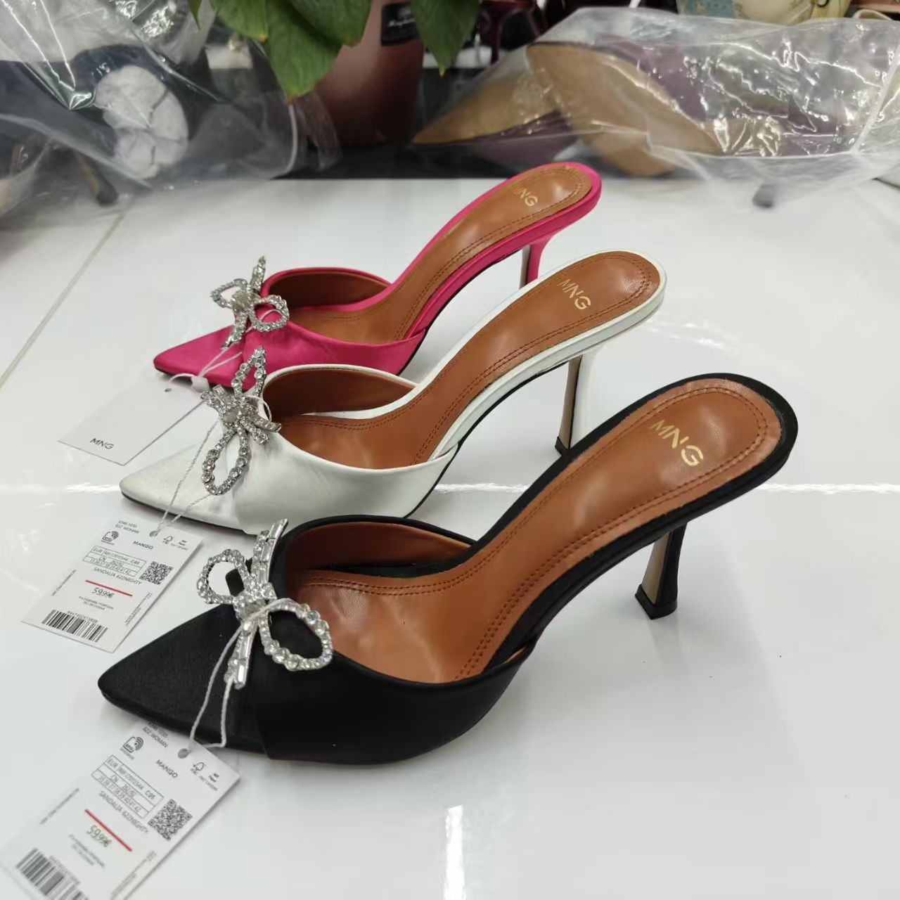 Side view of ladies pink high heel strap sandals TF8949