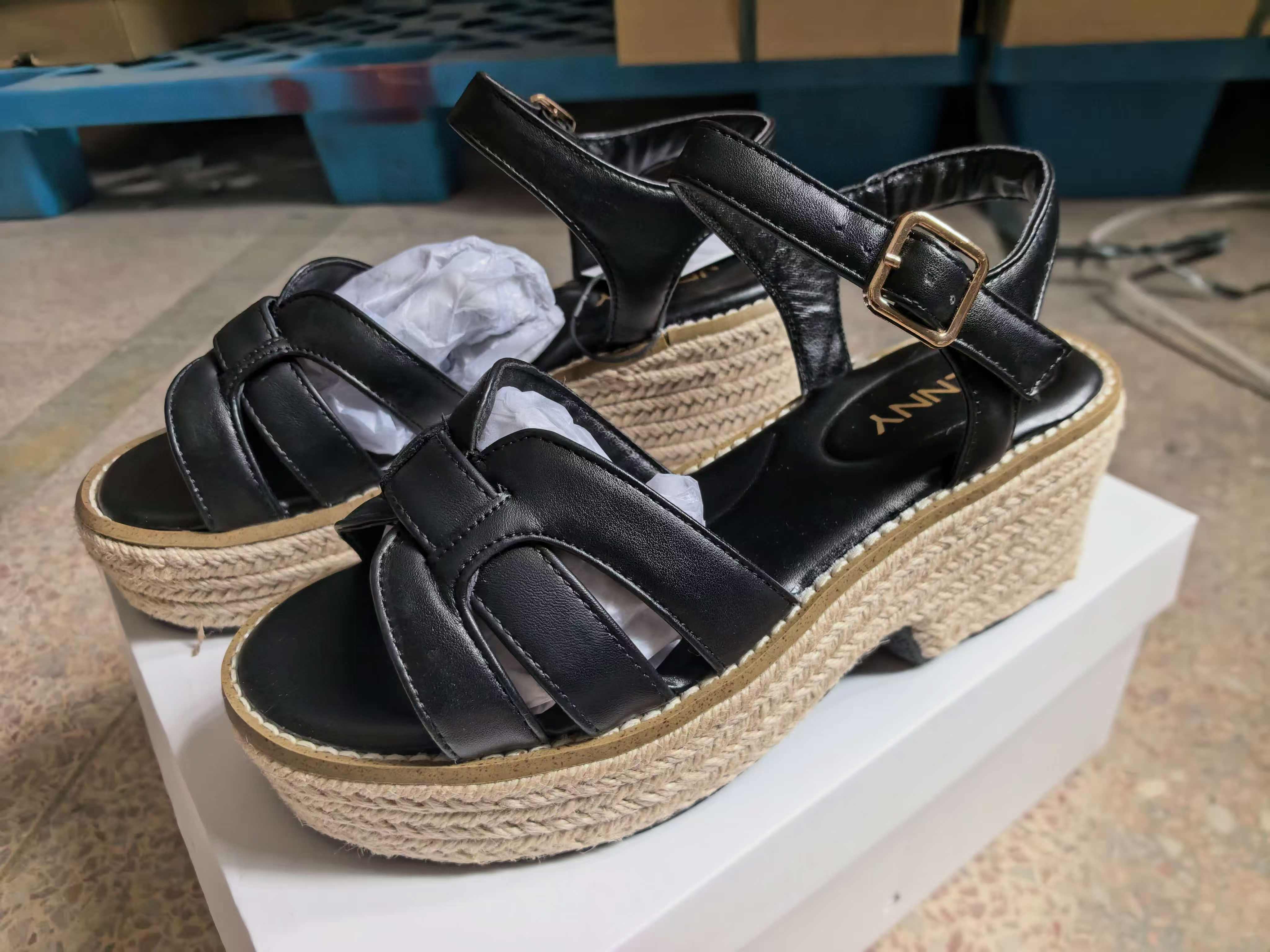 Side profile of ladies black wedge heel sandals TF8754