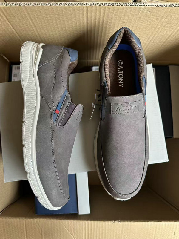 Men's grey canvas slip on loafers TF8879 side view inside carton