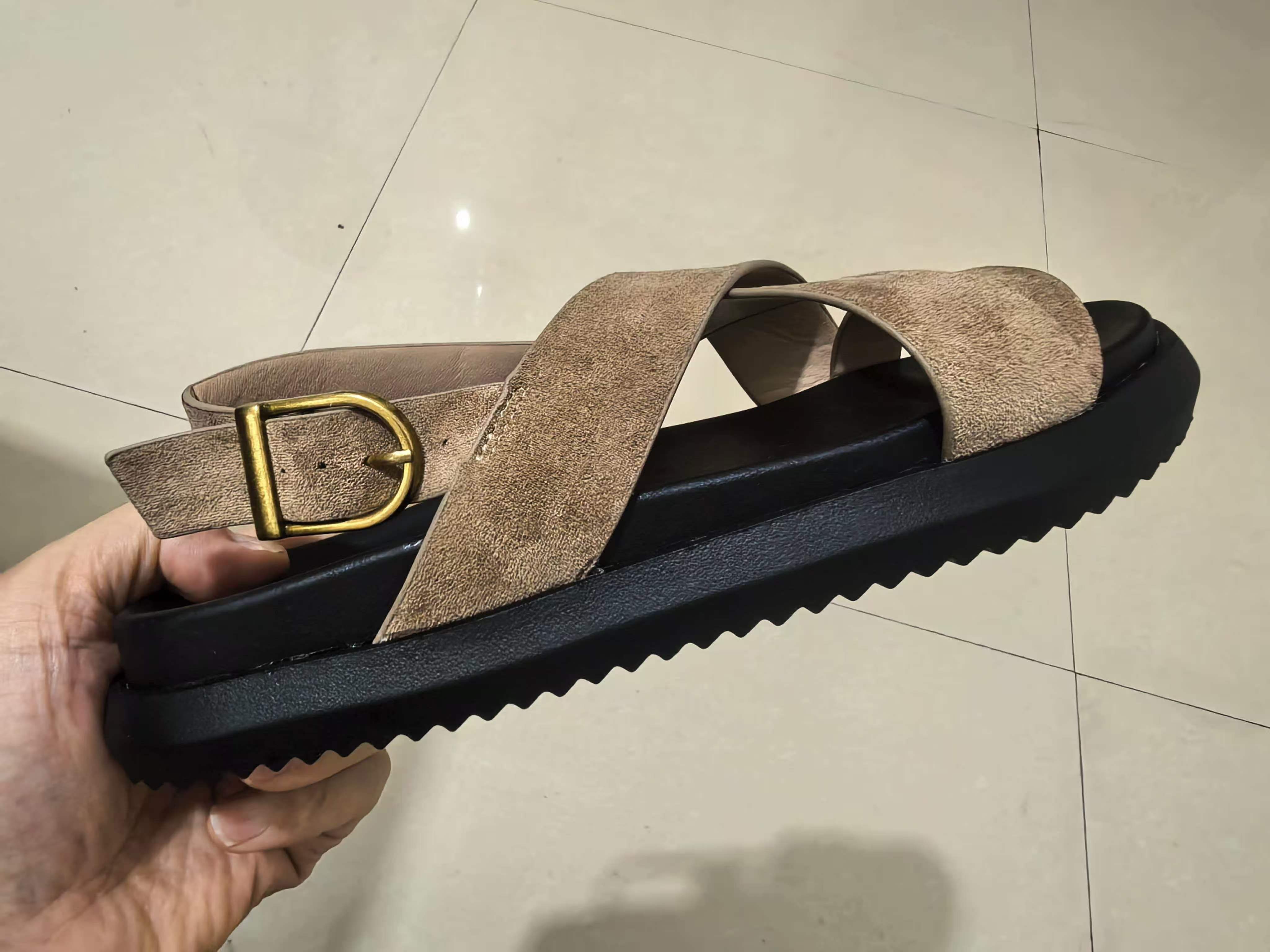 Side view of women's dark brown buckle strap sandals TF8838