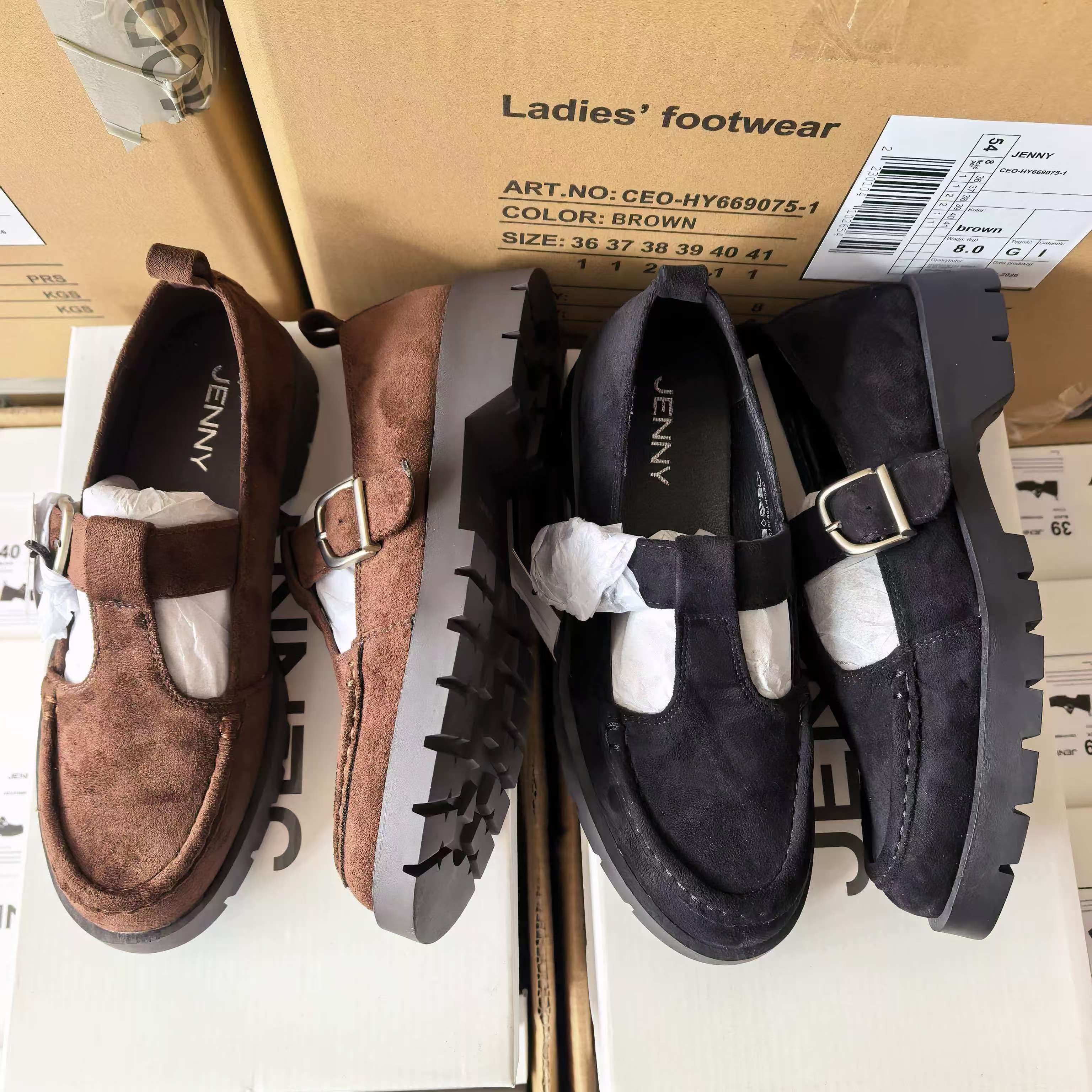 Pair of women's brown and black casual loafer shoes style TF8638