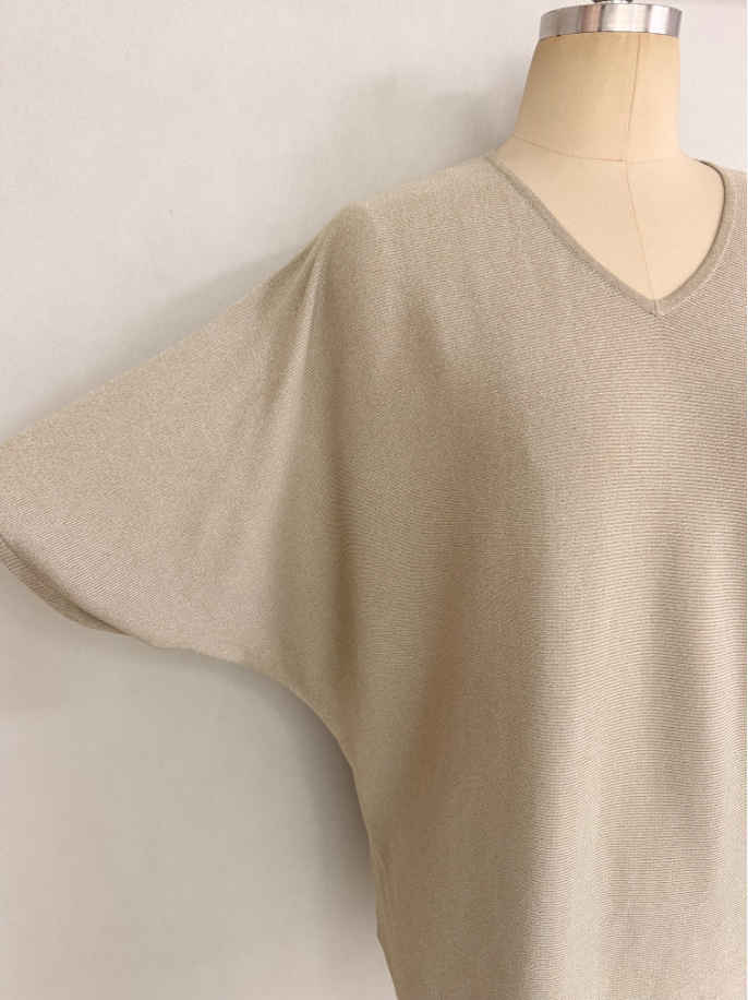 Ladies' beige v-neck batwing sleeve knit sweater TF8973 close up front detail