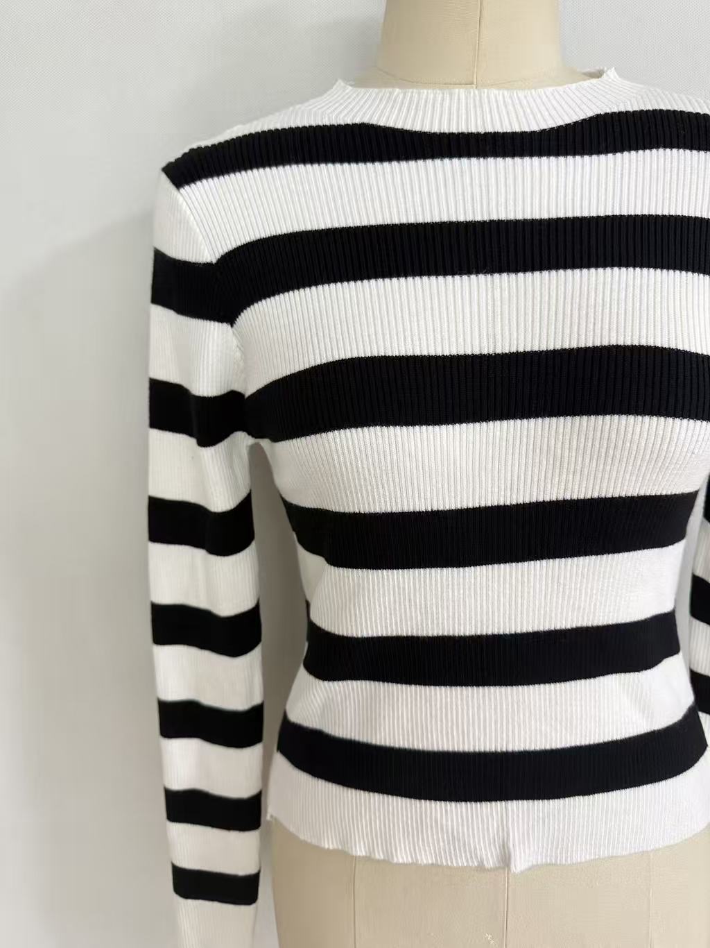 Ladies' black white striped knit sweater TF8959 front view on dress form