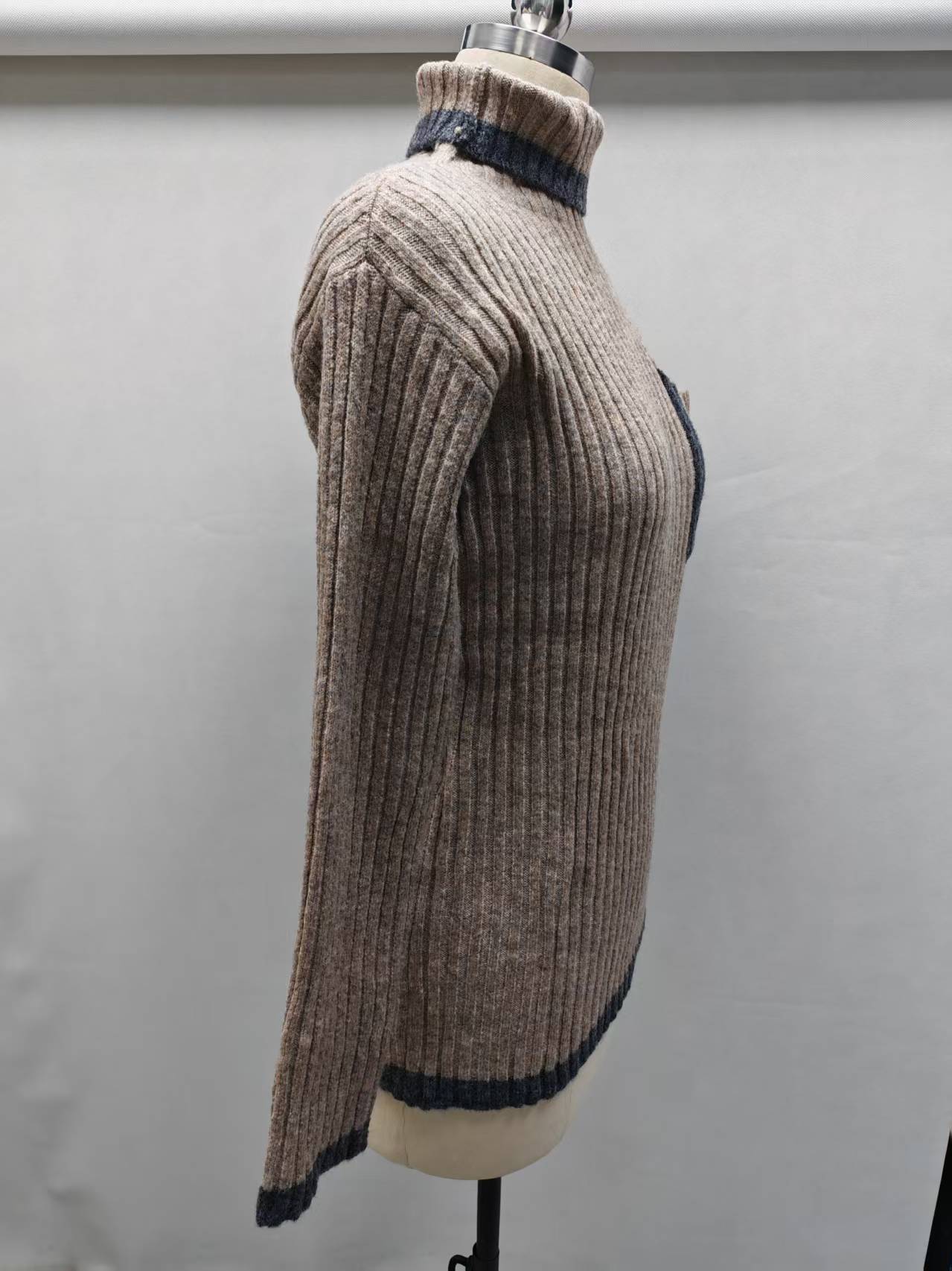 Ladies' heather brown turtleneck knit sweater TF8950 side profile view on dress form