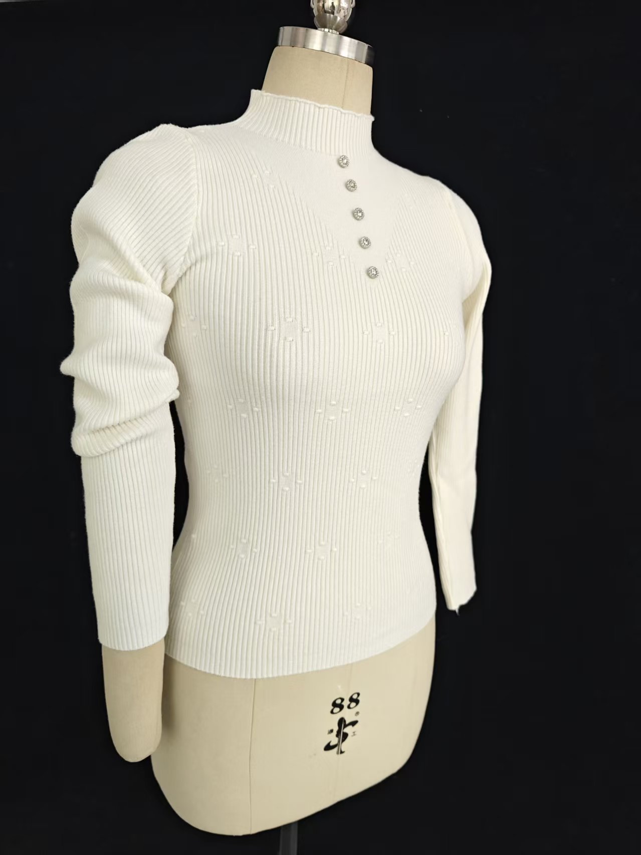 Ladies' white ribbed henley knit sweater TF8945 front view on dress form