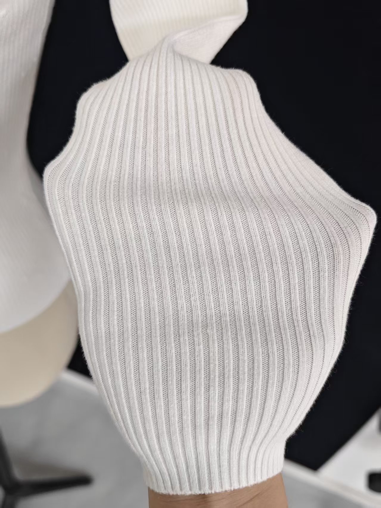 Close up rib fabric detail ladies white henley knit sweater TF8945