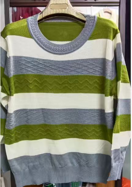 Green grey striped ladies knit sweater TF8904 alternative color front view