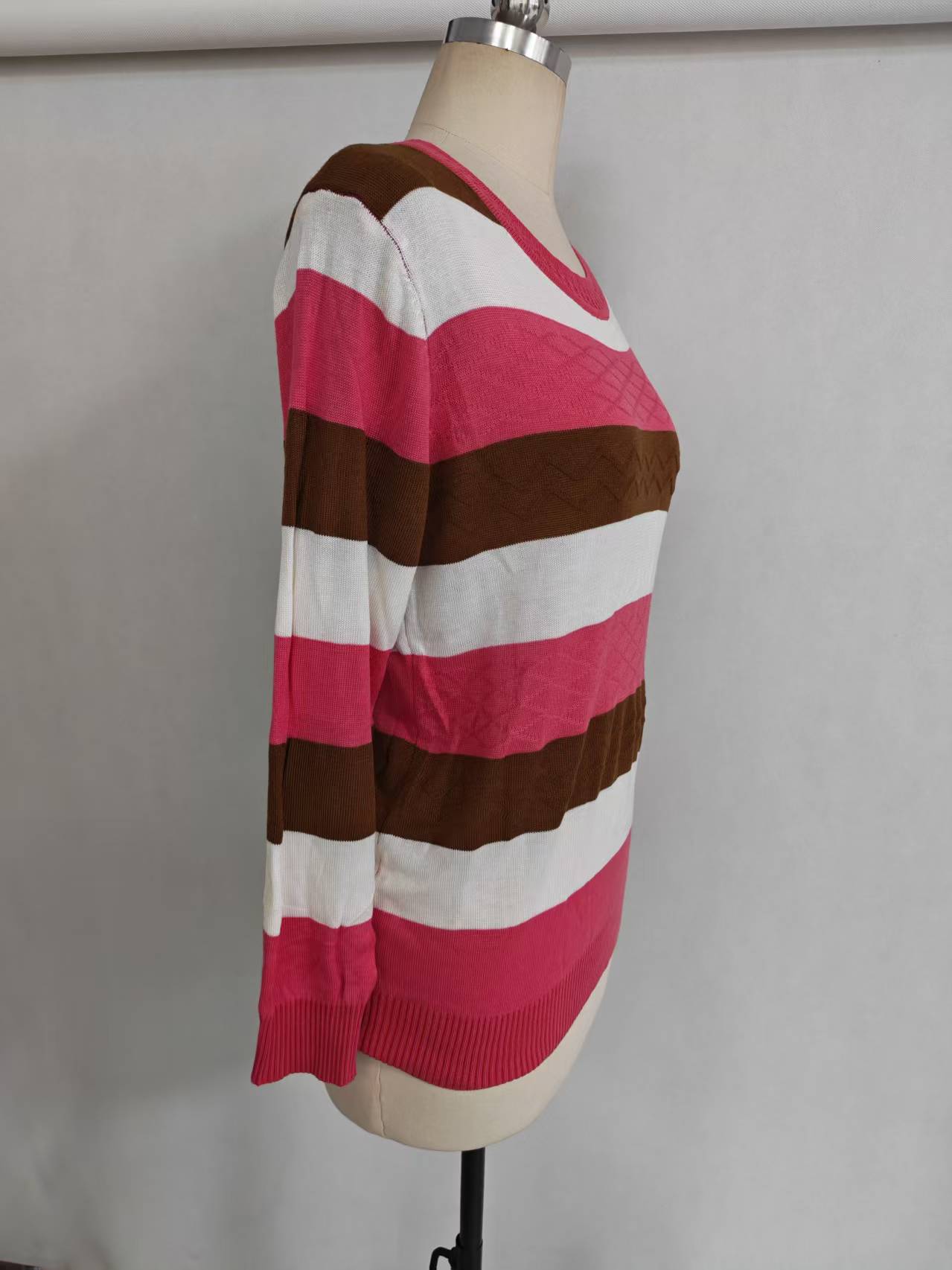 Ladies' red brown striped knit sweater TF8904 side view on dress form