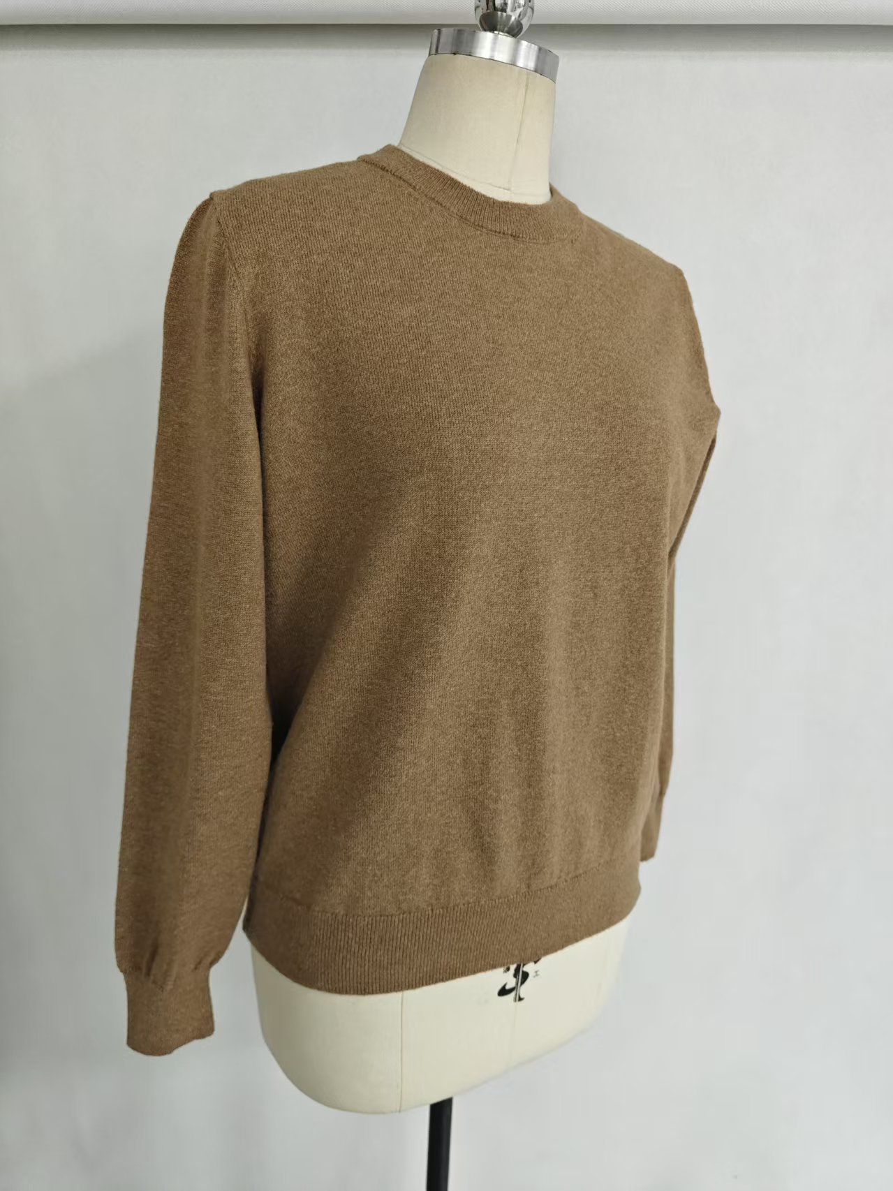 Ladies' brown crew neck knit sweater TF8819 front view on dress form