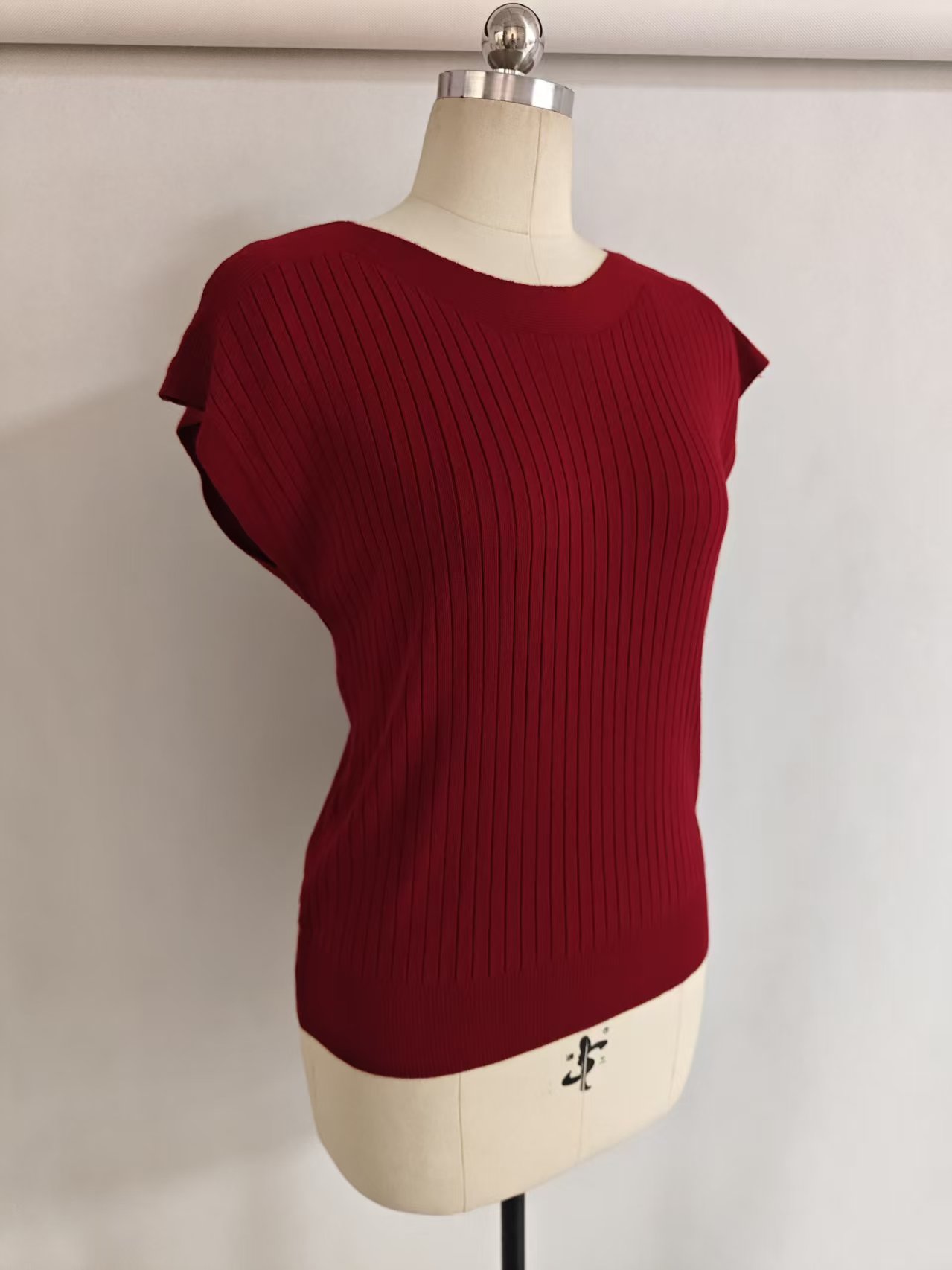 Ladies' burgundy short sleeve knit sweater TF8933 front view on dress form