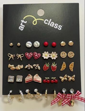 Assorted girls gingham bow and food stud earrings set style TF6684 bulk wholesale