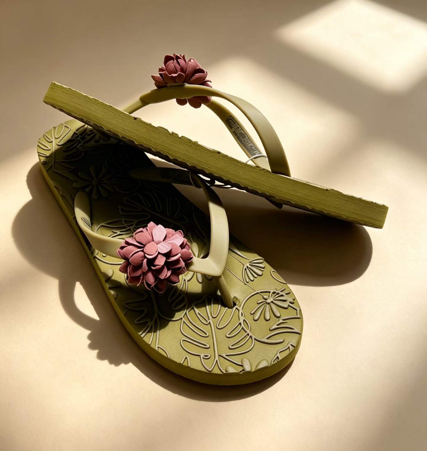 Pair of women's olive green fuzzy slide slippers TF9486