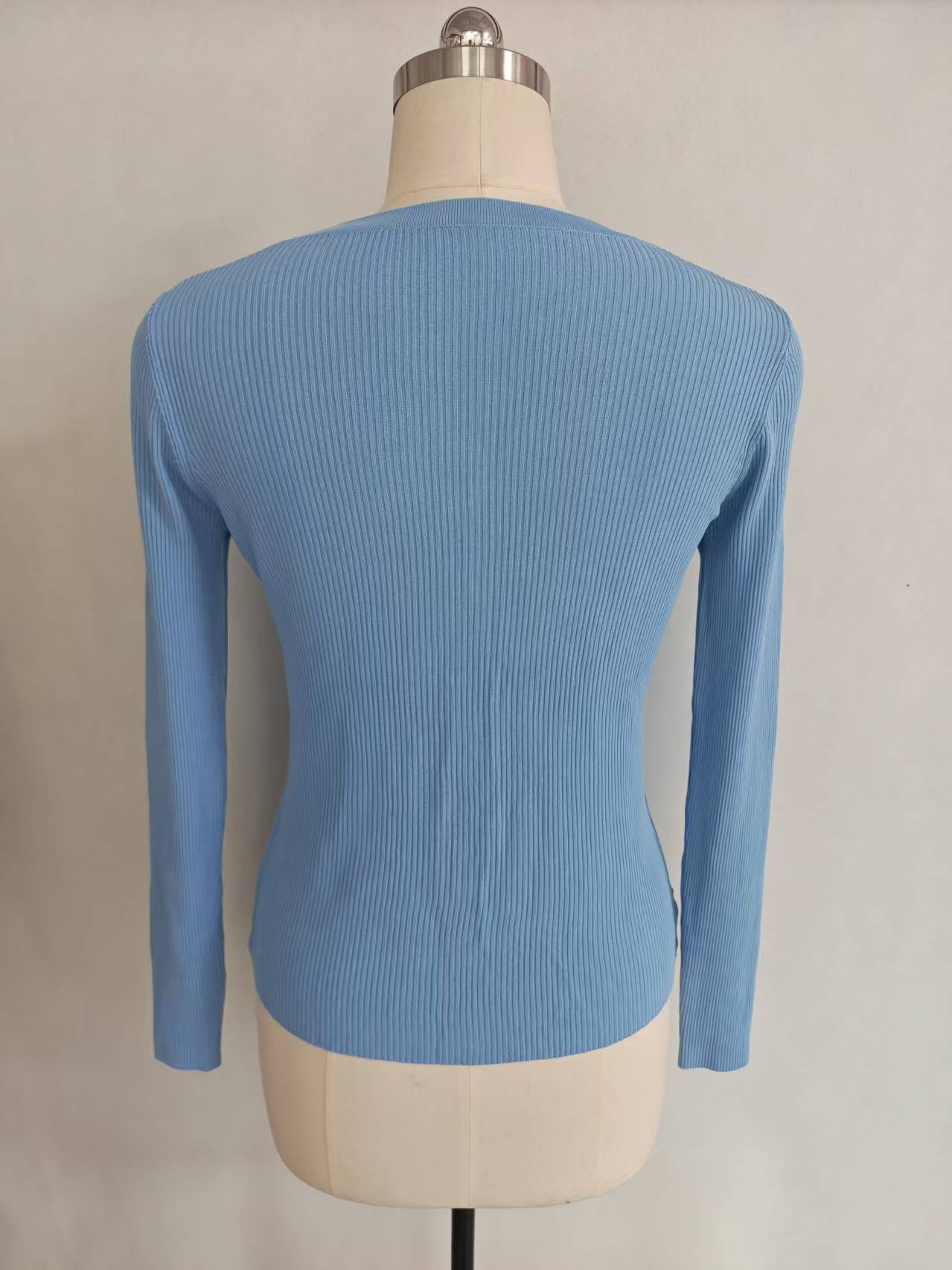 Back view of women's blue cotton blend knit cardigan TF9373