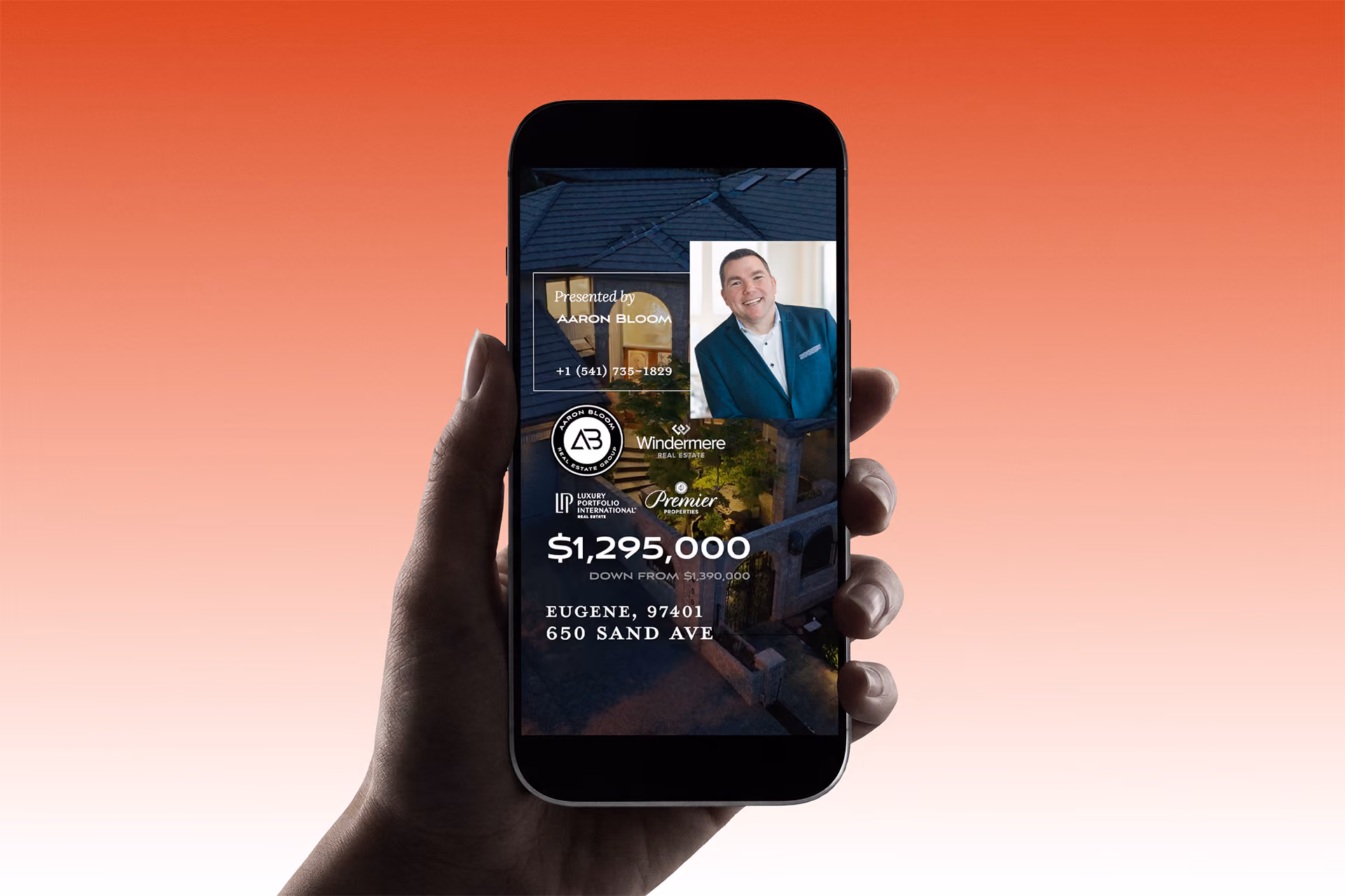 Hand holding phone displaying real estate listing for $1,295,000 at 650 Sand Ave, Eugene, Oregon.