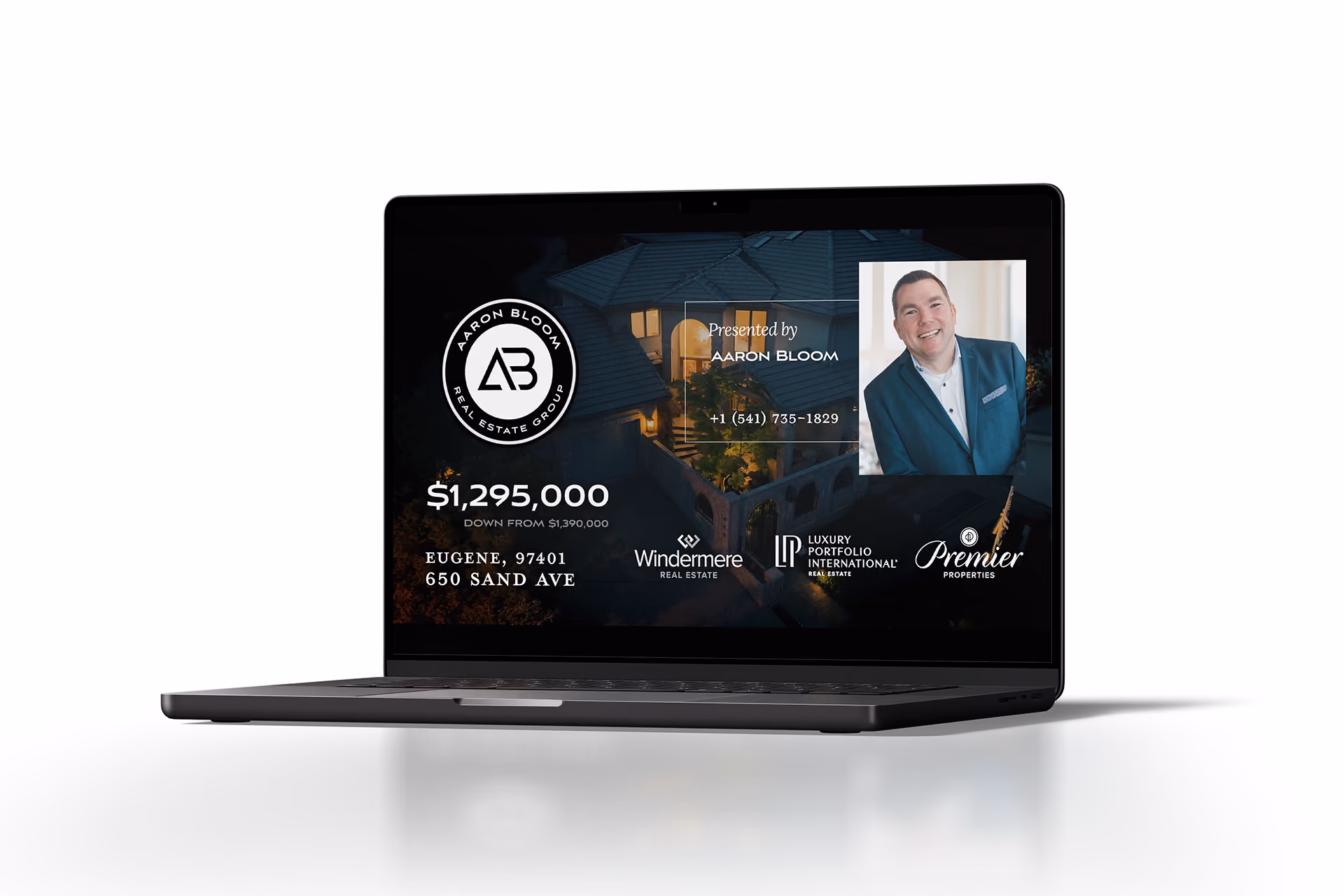 Laptop screen showing real estate ad for $1,295,000 home at 650 Sand Ave, Eugene with agent photo and contact info.