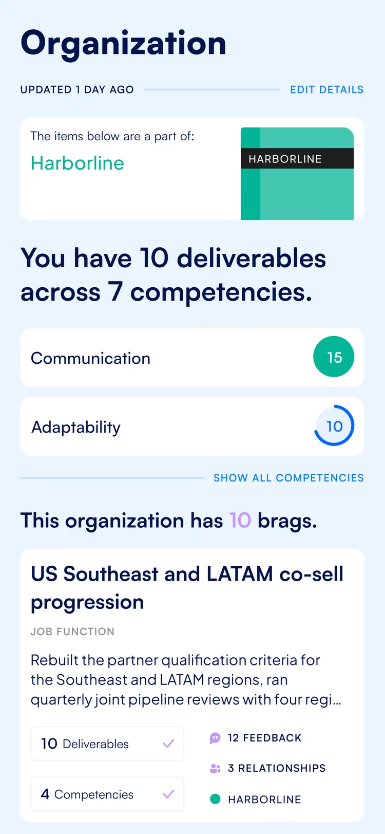 BragBook app — organization page with job function, competencies and logged wins