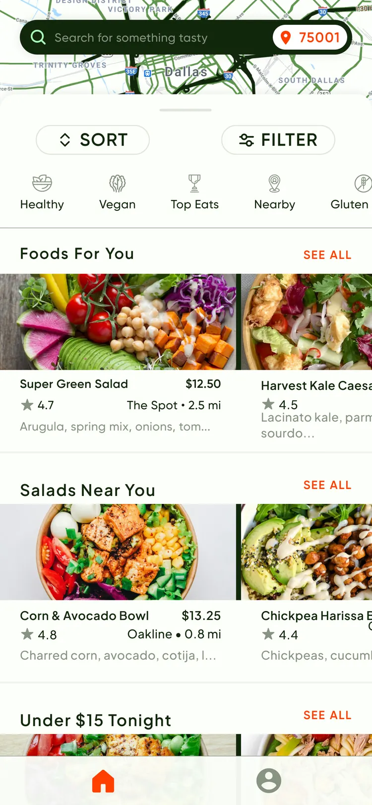 Scrilla app — dish-level home feed with price, rating, restaurant and distance