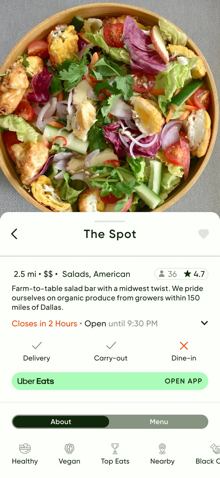 Scrilla app — restaurant profile for The Spot with hours and ordering options