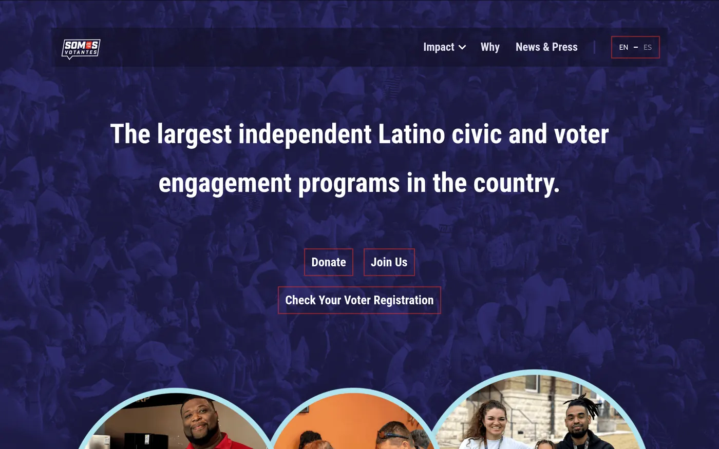 Somos Votantes Webflow site — desktop homepage with the EN and ES switcher and donate, join and voter registration calls to action
