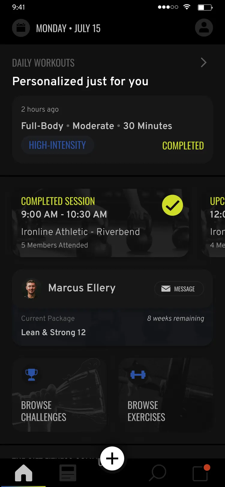 The Gift Fitness app — client home with today's workout, next session and active package