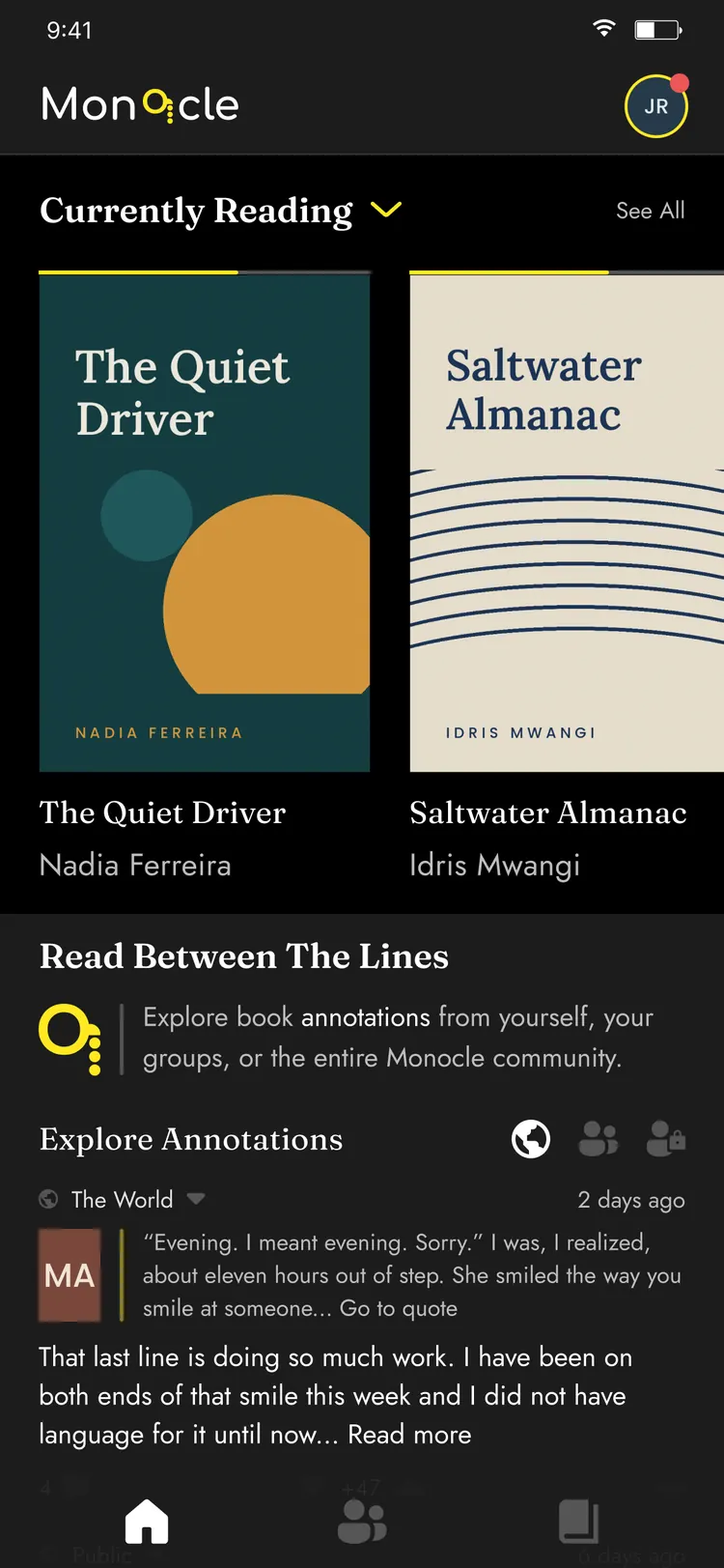 Monocle app — home with the Currently Reading shelf and Explore Annotations feed