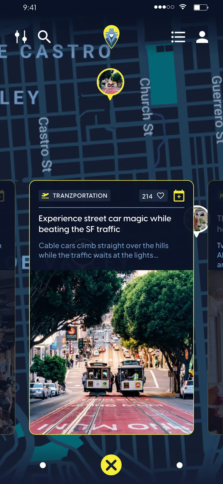 Travel Hackerz app — hacks pinned on a San Francisco map with a card carousel