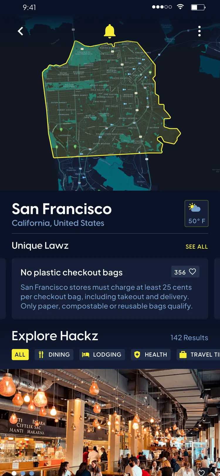 Travel Hackerz app — San Francisco city page with weather and a categorised hack feed