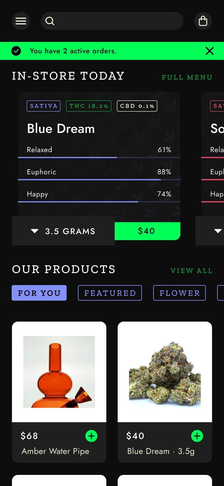 Official Cali Connect app — In-Store Today flower menu with strain type and THC and CBD levels