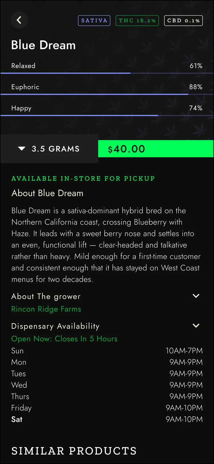 Official Cali Connect app — strain detail with effect profile bars, eighth pricing and named cultivator