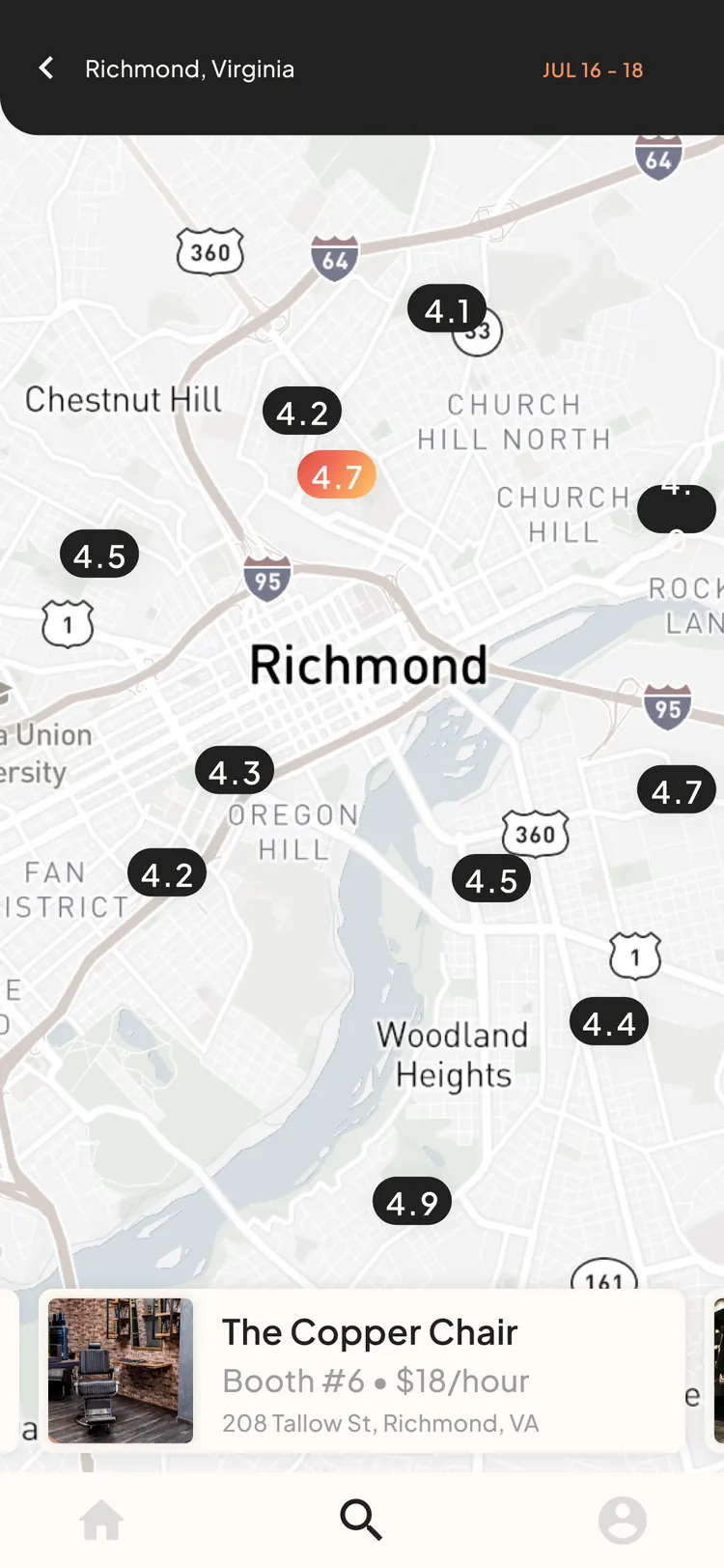 PUSH app — booth map of Richmond with a selected pin and listing card