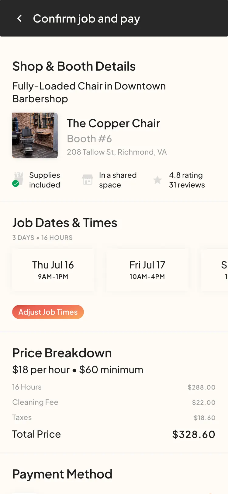 PUSH app — confirm and pay screen with booking dates and price breakdown